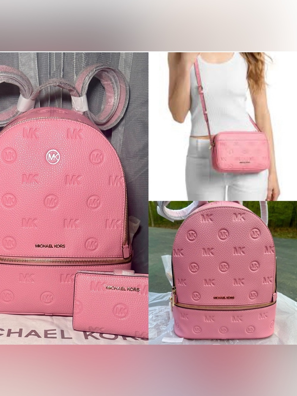 Michael Kors Pink Embossed backpack, crossbody& wallet set